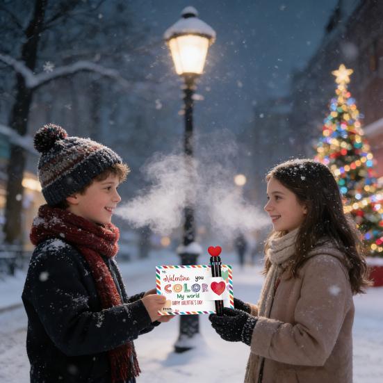 Valentine's Day Pen Card Gift Set Multicolor Ballpoint Pen with Heart Message Cards Retractable Colorful Pen for Students Classmates Office Exchange