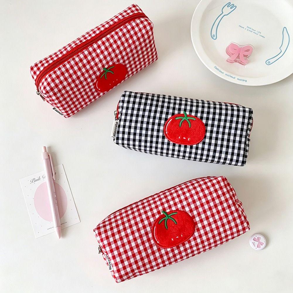 Tomato Gingham Makeup Bag Canvas Cosmetic Bag Cartoon Pencil Case Students