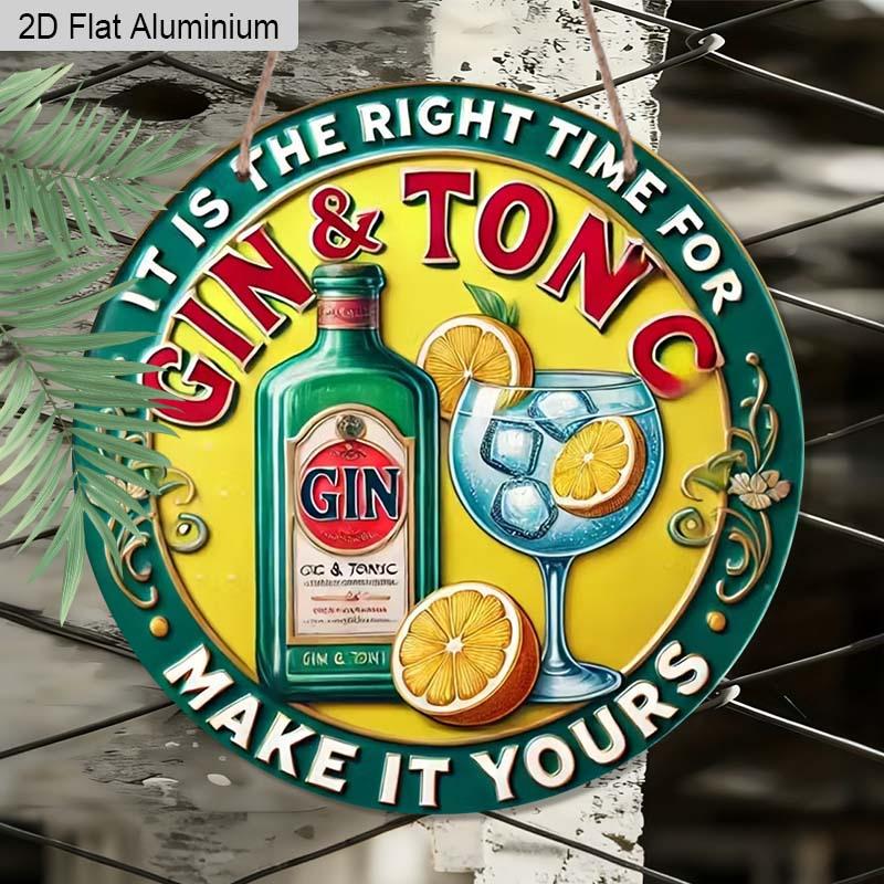 2D Flat 1pc Retro Bar Aluminum Decoration Plaque, "It's The Right Time for Gin & Tonic" Lettering Sign, Home Bar Decor, Pub Decor, Kitchen Decor