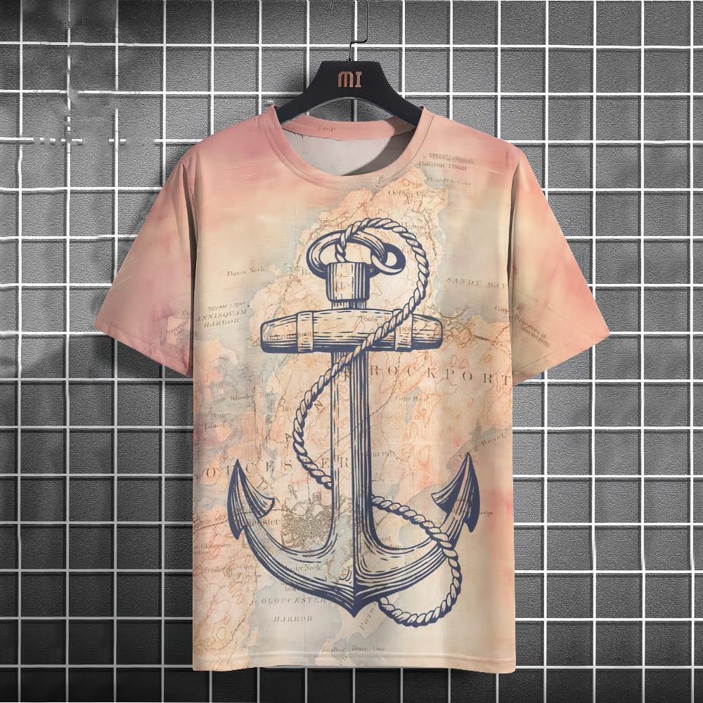 Мужская футболка в стиле ретро с 3d принтом «Якорь лодки» Футболки с короткими рукавами Топы с морским принтом Свободная футболка большого размера с коротким рукавом для мужчин