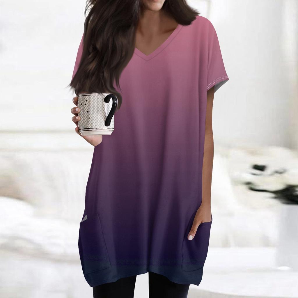 Женские топы с V-образным вырезом, блузки с коротким рукавом, повседневные рубашки средней длины, модные туники с принтом и карманами