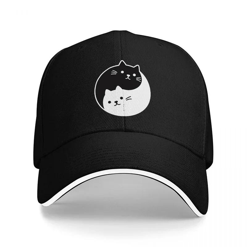 Yin Yang Cat Design Baseball Cap Black and White Feline Pattern Adjustable Hat for Casual Wear and Fashion StateUnisexts