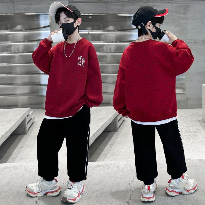 Детская одежда Костюмы для мальчиков Большие детские весенние и осенние свитера с принтом в виде букв, комплект из двух частей