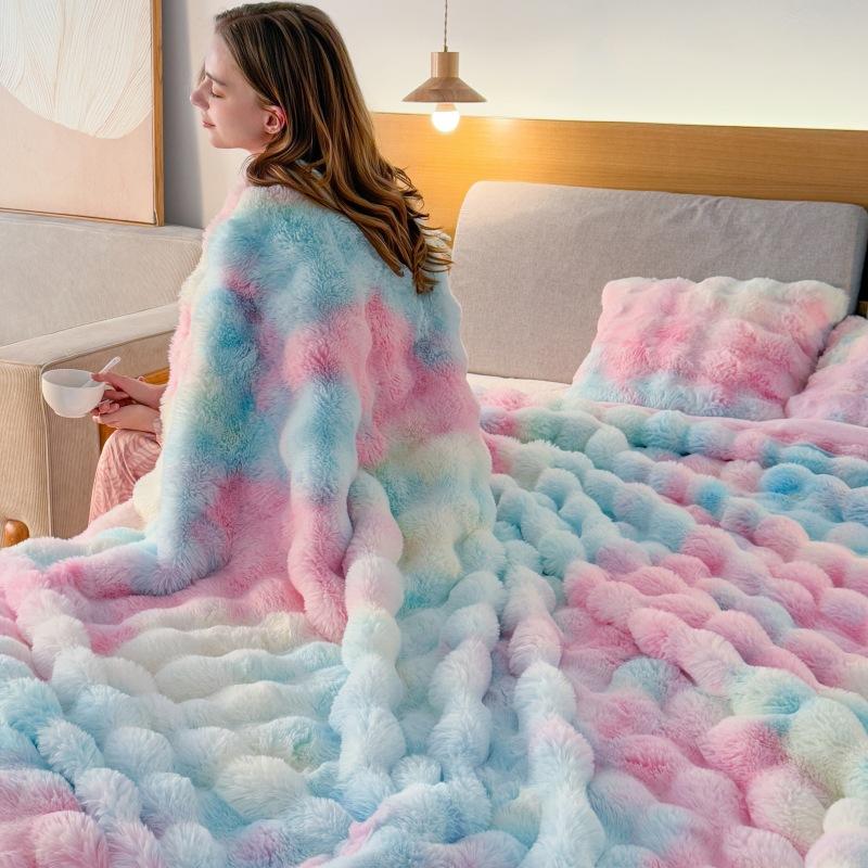 Плед из искусственного меха Tie Dye Двусторонний Толстый Мягкий Плюшевый Плед с Пузырьками Теплый и Уютный для Дивана, Офиса, Дневного Сна, Кровати, Дома, Путешествий Всесезонный Плед