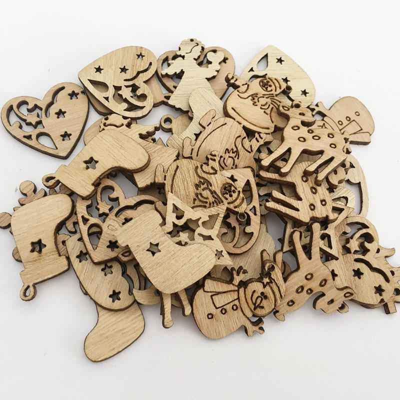 50PCS Hollow Wood Pieces Embellishments Vintage Christmas Unfinished Wood Ornament Decorative Accessories for DIY Scrapbooking Handmade Crafts