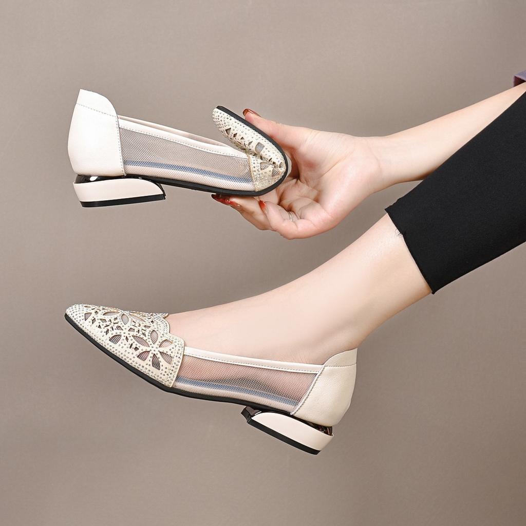 Hollow Out Sparkling Diamond Pointed Shoes for Women Spring and Summer Shoes with Thick Heels and Soft Soles Single Shoes