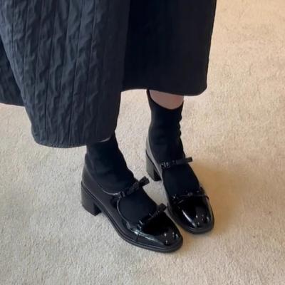 Версия из овчины~ Кожаные эластичные тонкие ботильоны с бантом и молнией сзади, на толстом каблуке, короткие ботильоны, на высоком каблуке, ботильоны-носки