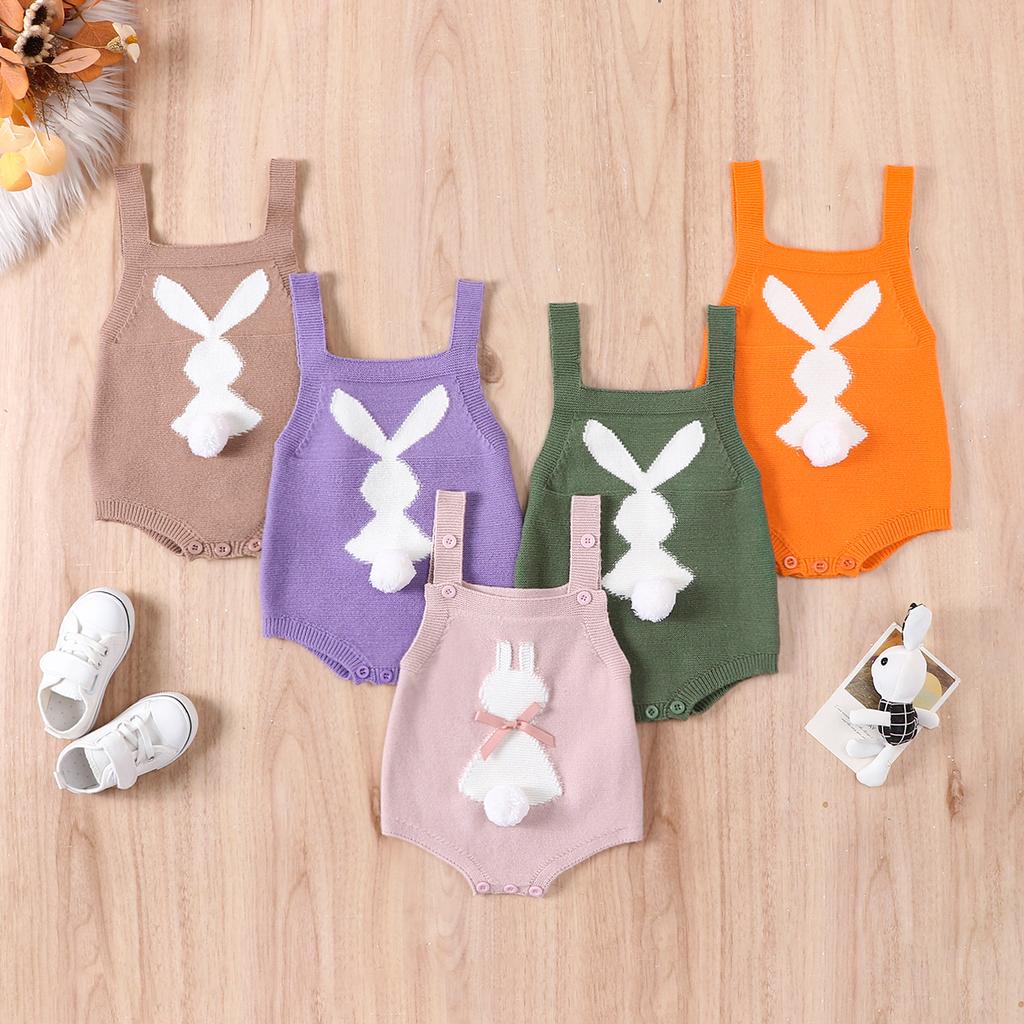 Baby Girls Easter Overalls Sleeveless Bunny Print Bow Rompers Newborn Spring Outfit