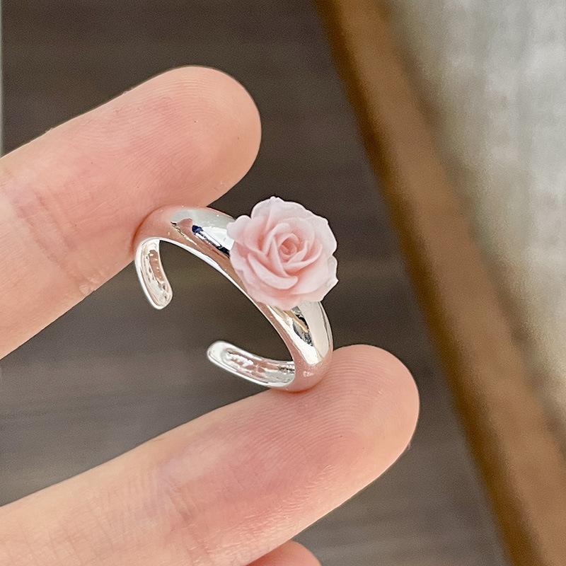 Romantic Pearl Rose Flower Finger Rings for Women Girls 3D Pink Rose Ring Elegance Aesthetic Jewelry Temperament Accessories