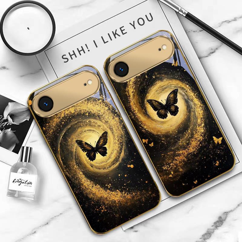Vortex Черная Бабочка Для IPhone 17Pro Max 16 17 Pro 15 Pro 14 13 Plus 12 Mini 11Pro Max XR 16E 17 Air Золотой стеклянный чехол для телефона