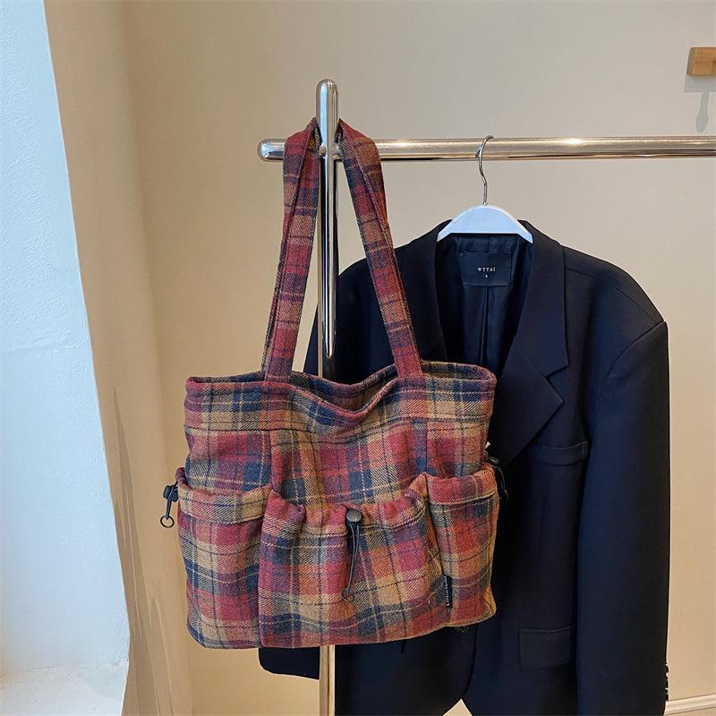 Шерстяная клетчатая большая сумка женская модная большая сумка через плечо для отдыха и учебы сумка-тоут