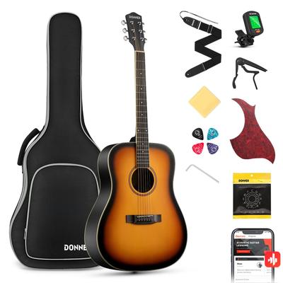 Набор акустической гитары Donner DAG-1 Sunburst для начинающих, 41 дюйм, верхняя дека из ели, фолк/дредноут, для правой руки, включает мягкий чехол и тюнер