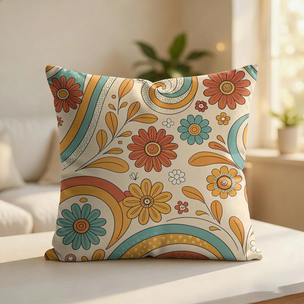 Floral Hippie Pattern Cushion Cover Silky Short Plush Invisible Zipper Dustproof Sofa Pillow Case For Home Decor