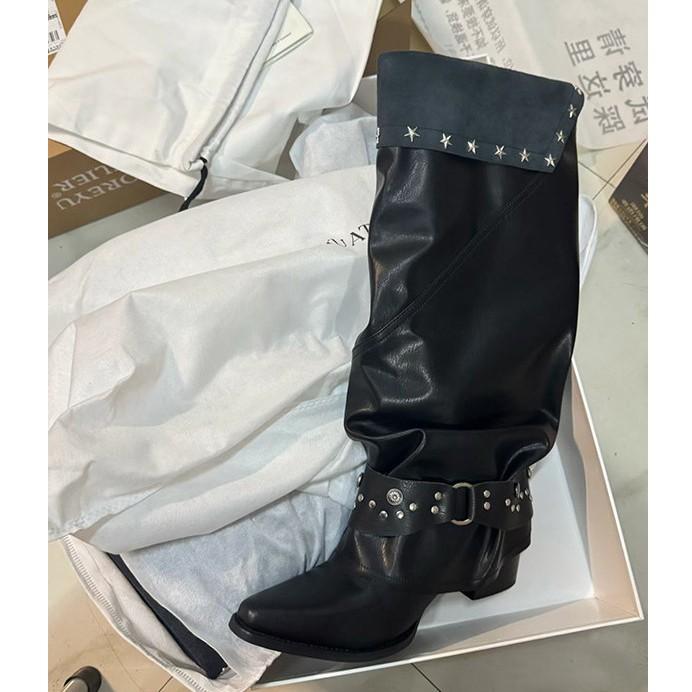 Spice Girl Rivet Pointed Trousers Boots Women'S Retro Belt Buckle Thick Heel Knight Boots Black Pile Boots Women'S