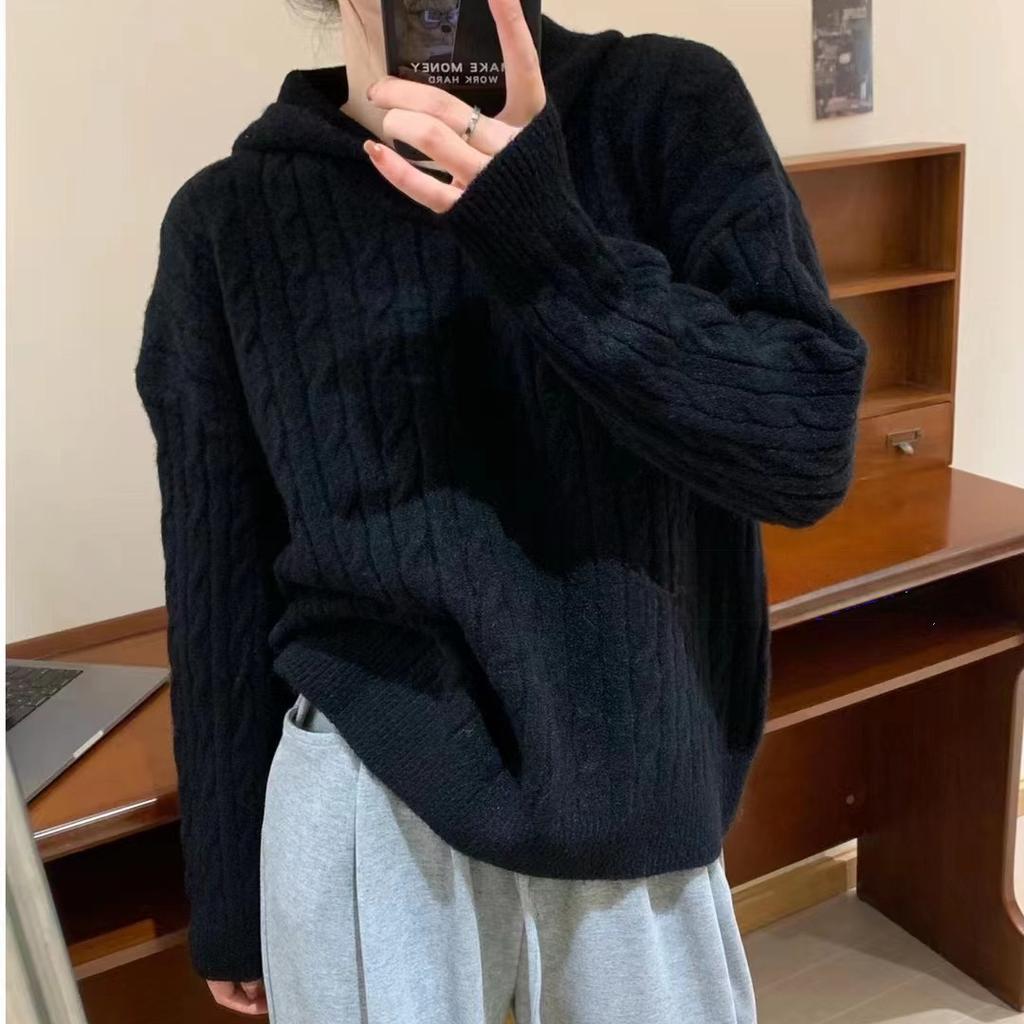 Women's Vintage Solid Twisted Knit Sweater with Hooded Loose Soft Comfortable Pullover Knit Top Casual Fashion Simple Lazy Sweater for Fall Winter