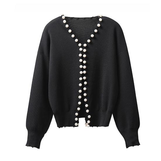 Вязаный кардиган с открытым передом, круглым воротником, длинными рукавами, свитером, пальто с отделкой из искусственного жемчуга, однотонная теплая верхняя одежда