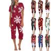 Women's Casual Sports Pajamas Short Sleeve Cropped Pants Christmas Printed Set