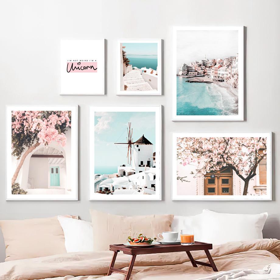 Santorini Greece Island Aegean Sea Sakura Wall Art Canvas Painting Nordic Posters And Prints Wall Pictures For Living Room Decor