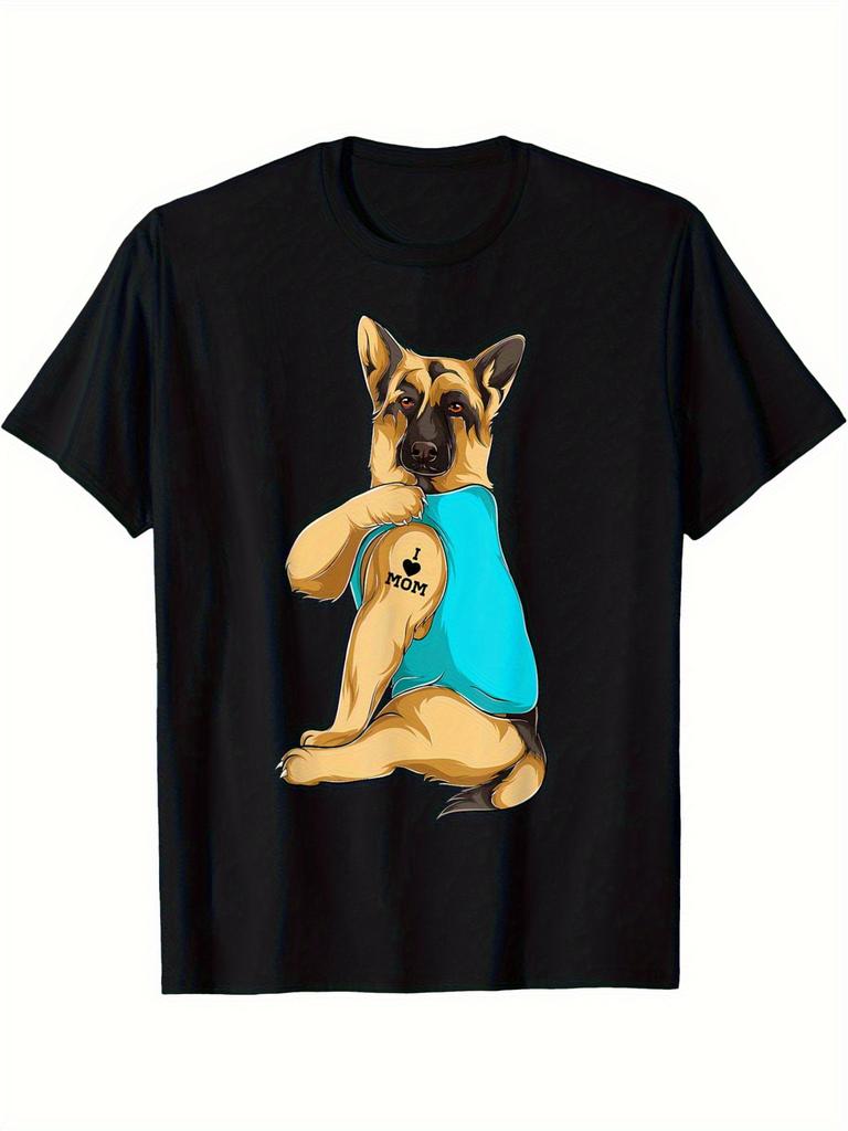 Men's German Shepherd I Love Mom Tattoo Graphic T-Shirt - Soft Stretch Knit Casual Tee for Dog Lov