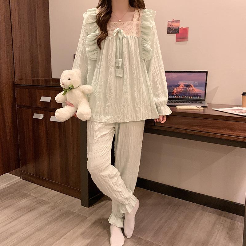 Пижама женская из креп-жатки с кружевом в японском стиле - Весенняя с длинным рукавом однотонная