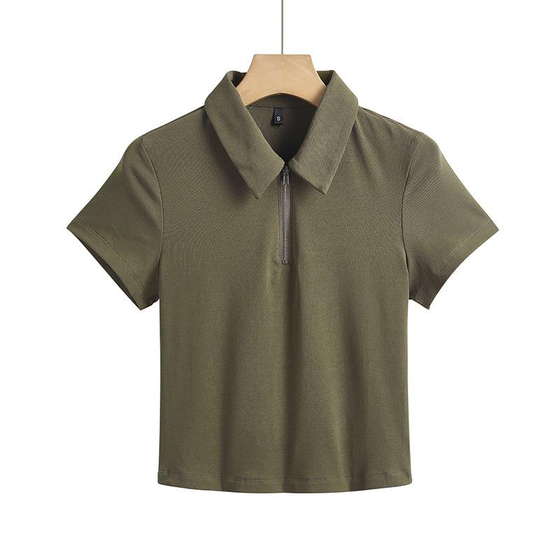 Женская короткая футболка облегающего кроя с застежкой-молнией и лацканами из эластичного хлопка, удобная и модная, с короткими рукавами