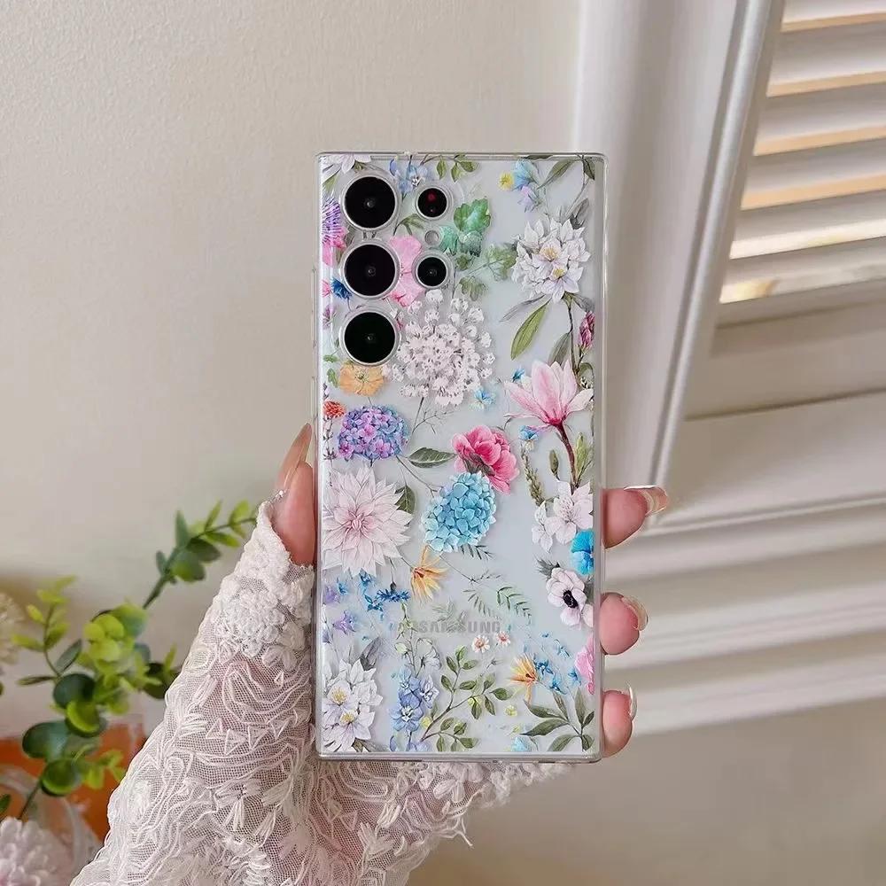 Милый Чехол для Телефона с Рисунком Цветов для Samsung S25 S24 S22 S21 FE Ультра Прозрачные Силиконовые Чехлы для Samsung Galaxy S23 Plus Ultra