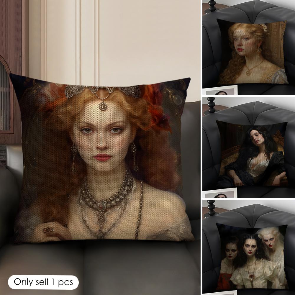 Medieval European Lady Cushion Cover Natural Linen Organic Fabric DoubleSided Printing Sofa Home Decor Gift Pillow Case