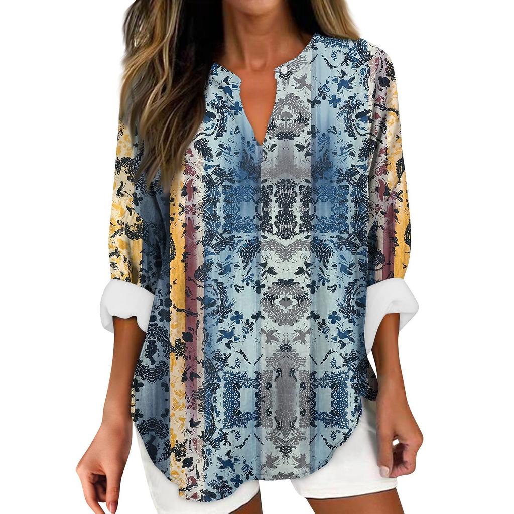 Женские модные повседневные женские топы из конопли с заниженными плечами и длинным рукавом с v-образным вырезом и принтом