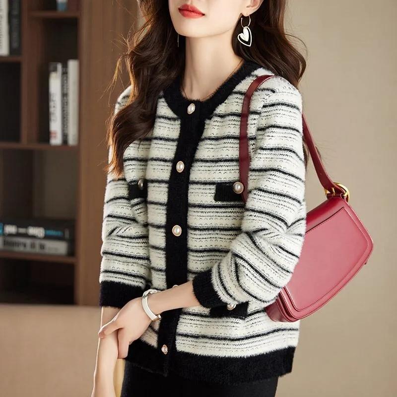 Корейская осенне-зимняя вязаная куртка женская повседневная с длинным рукавом в полоску имитация норки бархатный кардиган свитер женский топы