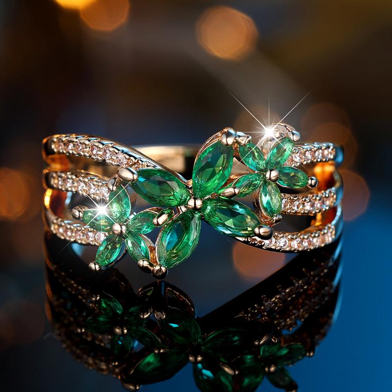 Элегантные зеленые цветы циркон кольца для женщин винтажное золотое кольцо вечеринка темперамент ювелирные изделия подарок