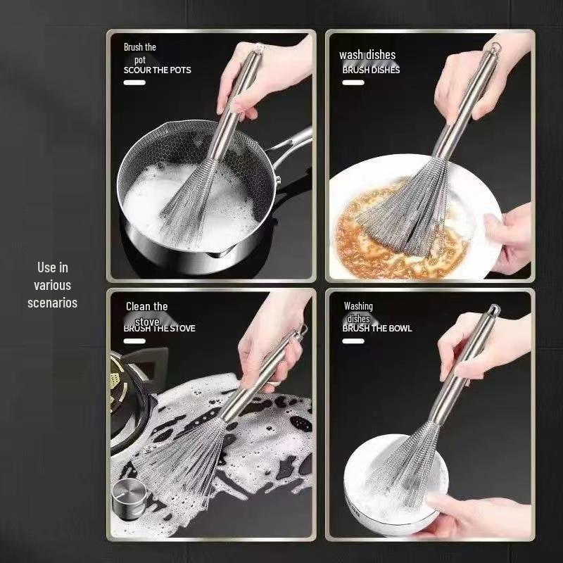 Stainless Steel Long Handle Pot Scrubber - Easy Clean Kitchen Brush for Oil and Dirt