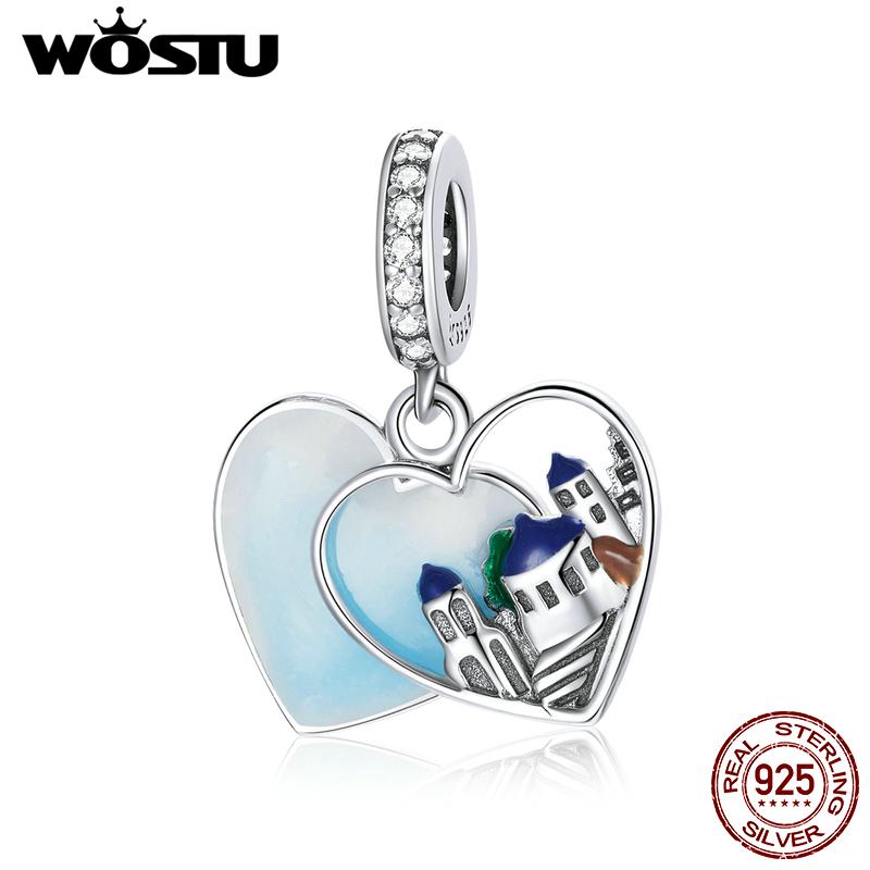 WOSTU 925 Sterling Silver Love Heart-shape Charm Pendant Santorini Castle Charming Scenery Beads for Original 3mm Bracelets & Necklaces DIY Jewelry