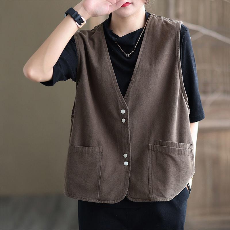 Vest Women's Spring and Autumn New Style Women's Commuting Solid Color Cotton Pocket Fashionable Retro Shoulder Jacket