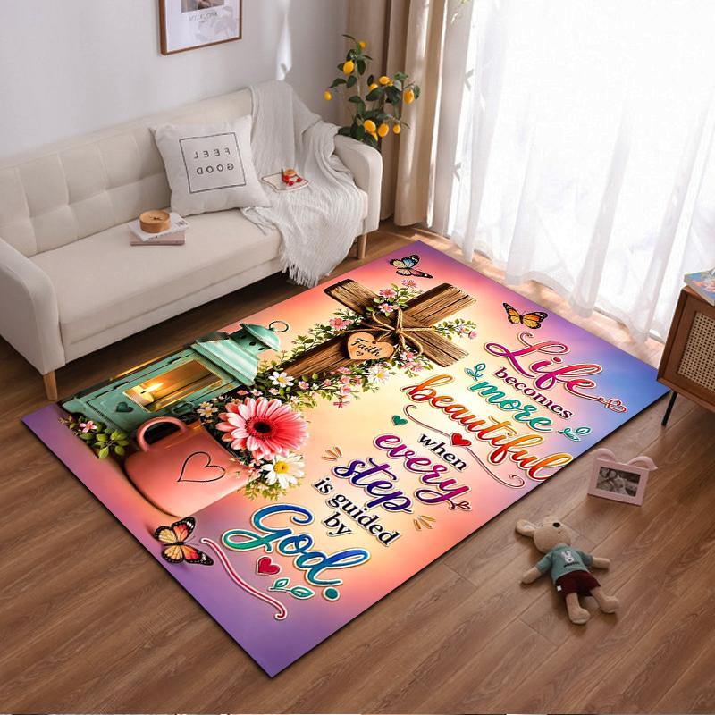 Christian-Inspired Floral Design Non-slip rug suitable for living room and bedroom sofas