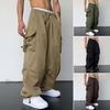 Men Cargo Pants Multi Pocket Oversized Solid Color Elastic High Waist Deep Crotch Ankle-banded Soft Breathable Hip Hop Streetwear Men Long Trousers