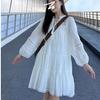 Bohemian ethnic style medium and long white dress, looking for that lace hollow fairy skirt tide