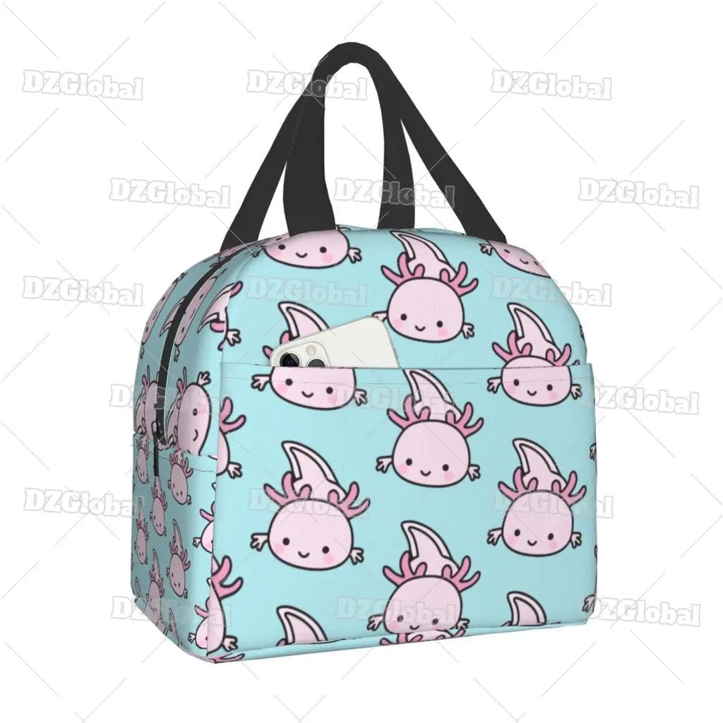 Милая сумка для ланча с аксолотлем, с термоизоляцией, для школы, офиса, с мультяшной саламандрой, животным, портативная, термокулер, для бенто-бокса, для женщин, детей