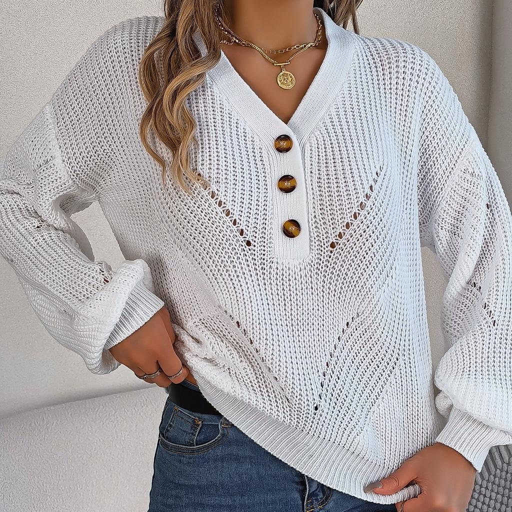 GMXIA Women's Fashion Casual Solid Color Autumn Winter Long Sleeve V-neck Loose Hollow-out Button Lantern Sleeve Pullover Sweater