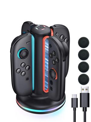 В Зарядное устройство для Switch 2 для до 4 Быстрых Switch 2 Светодиодный индикатор статуса зарядки USB-кабель Удобное хранение Подставка [Новинка 2025] Joy-Con Joy-Cons, Зарядка, Подставка, Свет,