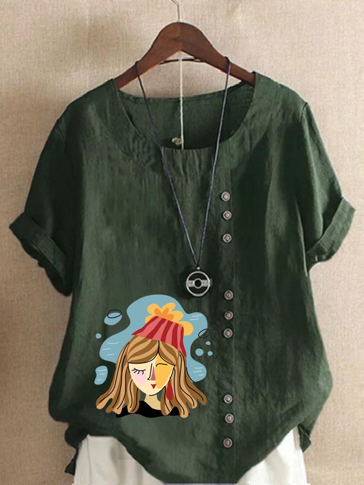 Women's Fashion Abstract Girl Print Round Neck Short Sleeve T-shirt Summer Casual Cotton Linen Graphic Shirt Leisure Loose Blouse Tops