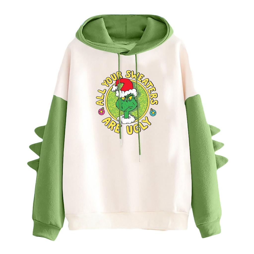 Women's Christmas Printed Contrasting Dinosaur Loose Casual Hoodie