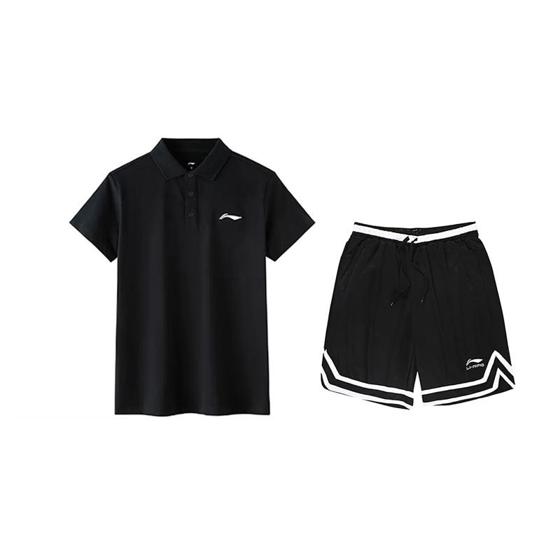Li-Ning Solid Color Logo Versatile Comfortable Fashion Short Sleeve Polo Shirt Casual Sports Suit Unisex Polo Shirt Black APLV723-1+YAPV001-1