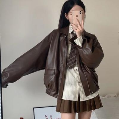 Винтажная кожаная женская укороченная куртка свободного кроя в корейском стиле, стильная куртка для мотоциклистов, миниатюрная, осень, новое поступление