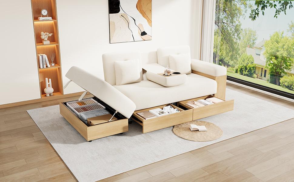 Sectional Sofa with Storage, 3-Way Adjustable Backrest, Sofa Bed with Drawers, Chenille Fabric, MDF Frame, Cup Holder & Storage Ottoman, 217cm, Beige