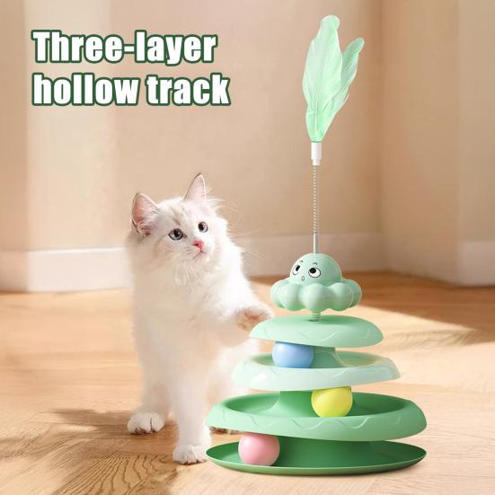 Rotating Cat Toy with 3-Tier Hollow Tracks Colorful Balls Detachable Portable Playground for Cats Interactive Cat Stick Turntable for Boredom Relief
