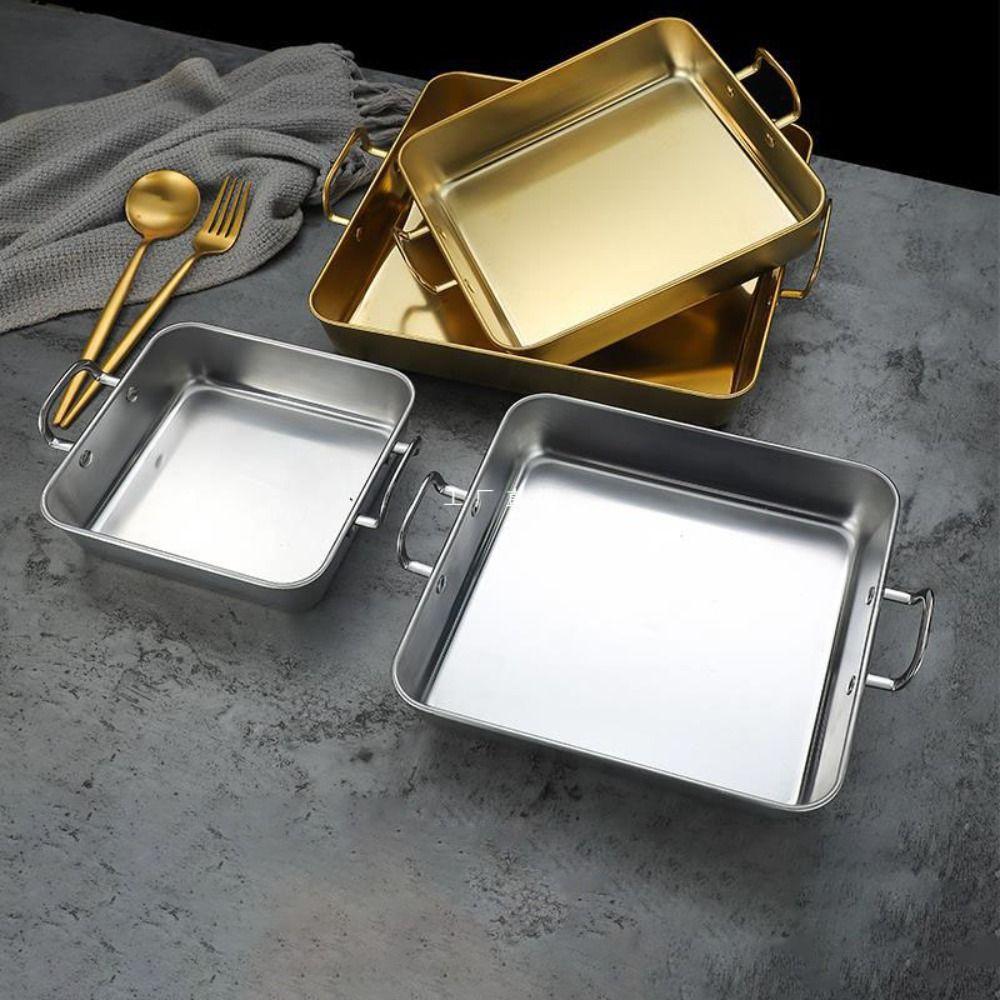 Stainless Steel Square Food Serving Trays Binaural Handle BBQ Plate Snack Dishes Vegetable
