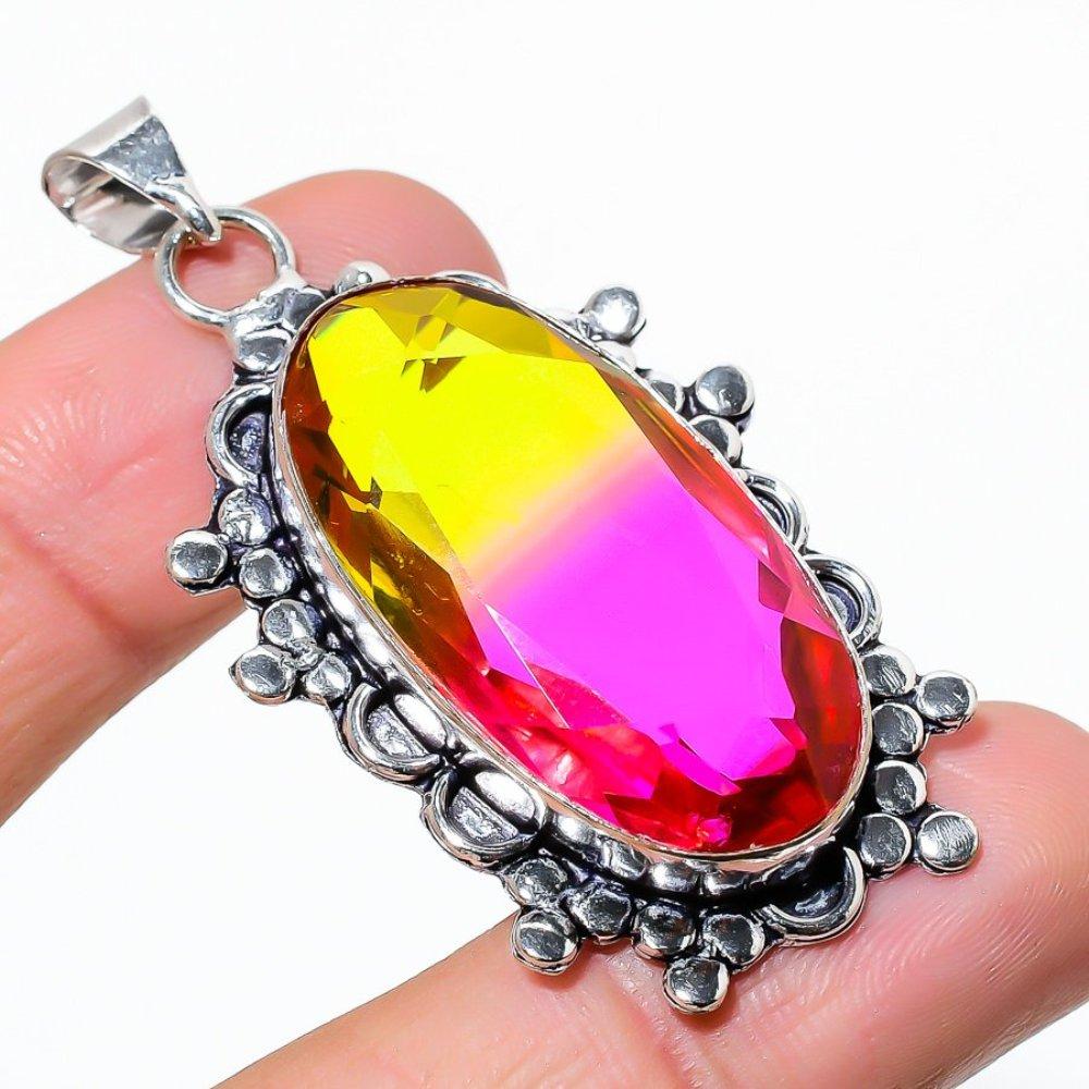 Natural Bi-Color Tourmaline Gemstone 925 Sterling Silver Pendant 2.29" C4l31