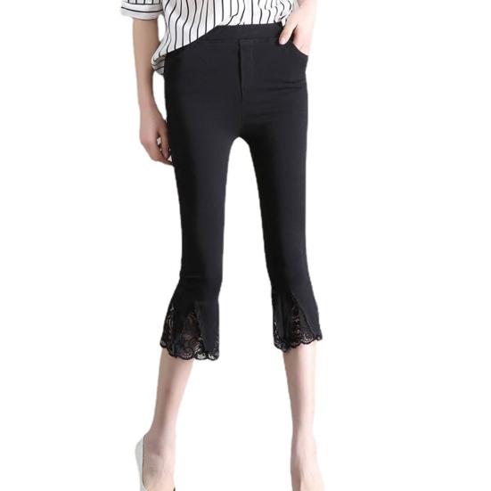 Женские укороченные брюки, однотонные, высокоэластичные, летние, расклешенные брюки, кружевная отделка, обтягивающие леггинсы с карманами