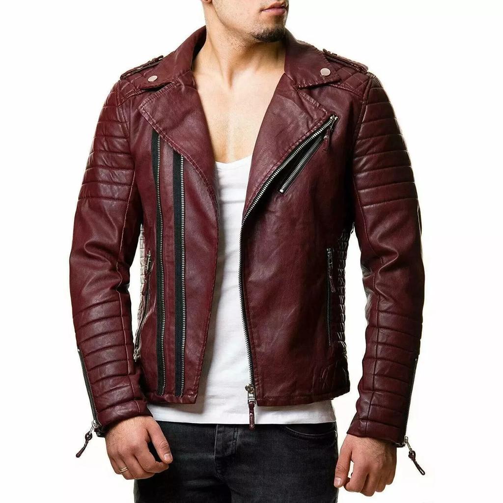 New Men Jacket Burgundy Genuine Lambskin Real Leather Handmade Lambskin Soft Stylish