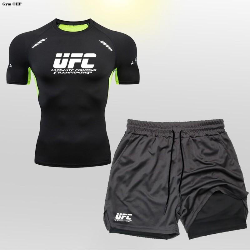 Mens 2-Piece Boxing Training Set - Quick-Dry T-Shirt Double-Layer Shorts MMA Kickboxing Gym Workouts
